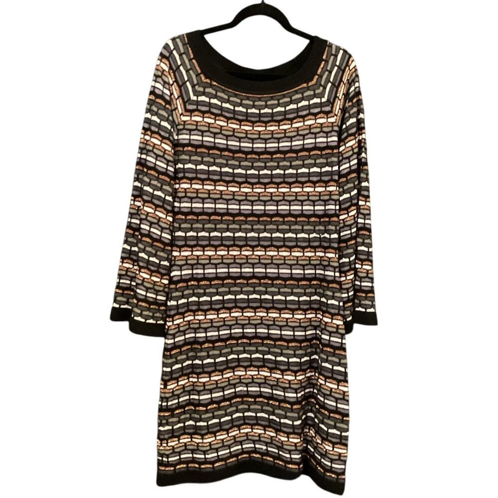 Laundry Shelli Segal Wool Metallic Neutral Knit Stripe Long Sleeve Sweater Dress - Picture 2 of 13